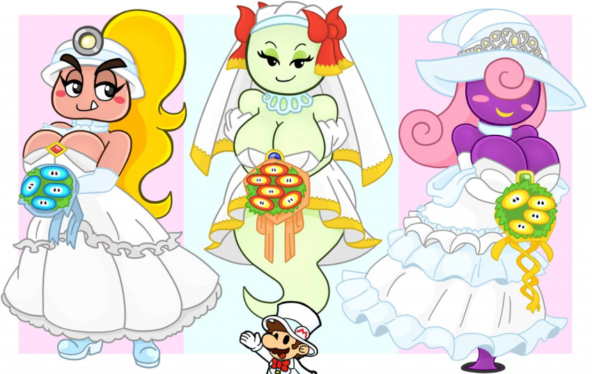 anthro anthrofied big_breasts boo_(mario) breasts clothed clothing dress female flower_bouquet ghost goomba goombella group human humanoid lady_bow mammal mario mario_bros nintendo not_furry paper_mario shadow_siren simple_background smile spirit urusee584 video_games vivian_(mario) wedding_dress