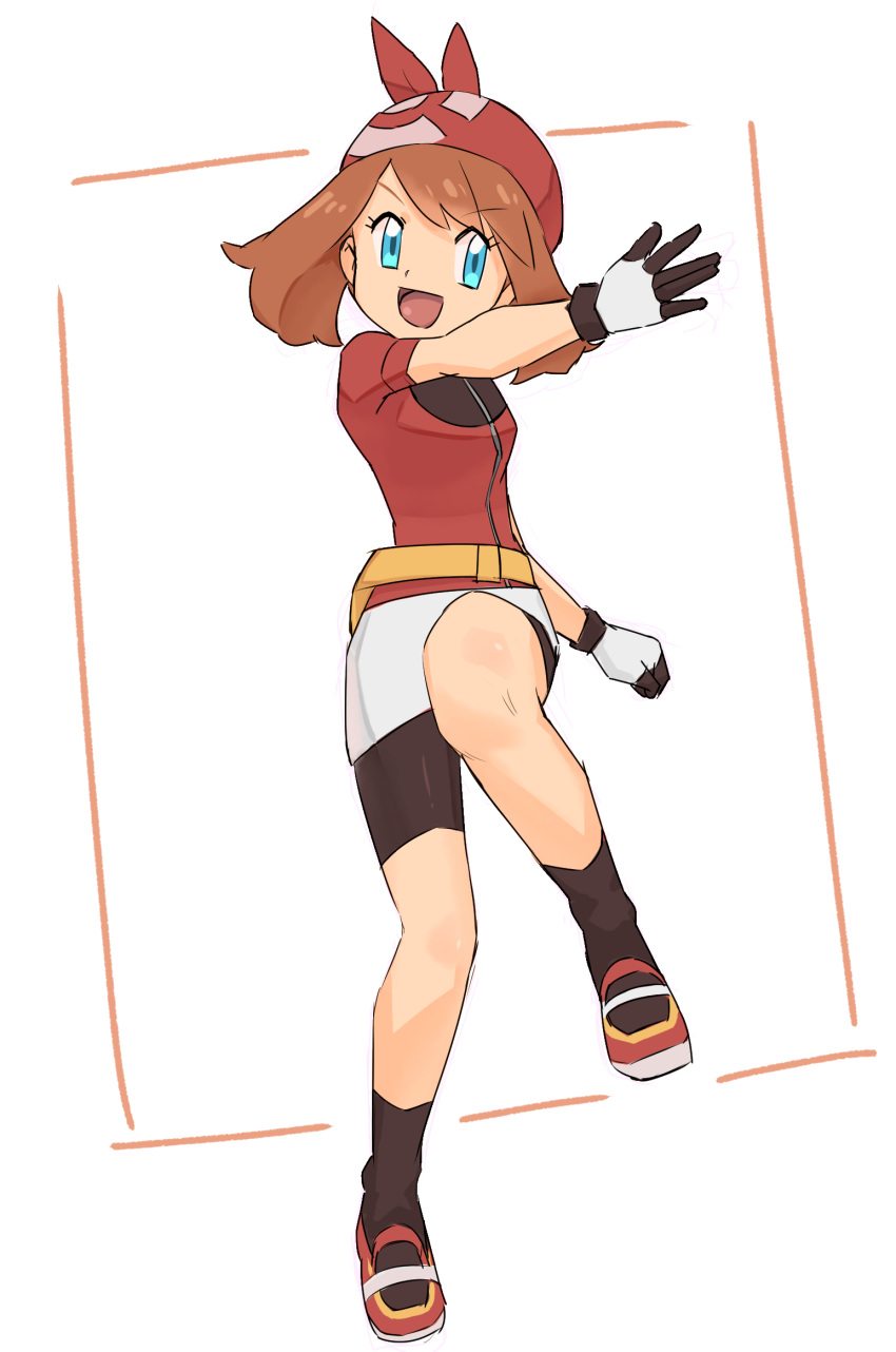 1girl :d bike_shorts black_legwear black_shorts blue_eyes breasts brown_hair eyebrows_visible_through_hair gloves haruka_(pokemon) highres jacket long_hair nyonn24 open_mouth outstretched_arm pokemon pokemon_(game) pokemon_rse red_bandana red_jacket shiny shiny_hair short_shorts short_sleeves shorts shorts_under_skirt simple_background skirt small_breasts smile solo standing standing_on_one_leg twintails white_background white_skirt