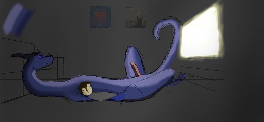 absurd_res cuddling dragon duo erection hi_res human idkwigta male male/male mammal netflix_and_chill