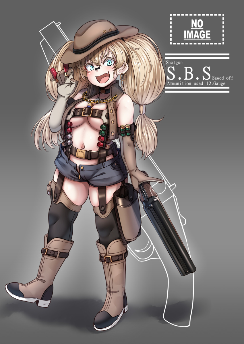 1girl belt black_legwear blonde_hair boots breasts brown_belt brown_footwear brown_gloves brown_headwear brown_vest cowboy_hat denim denim_shorts double-barreled_shotgun double_barrels elbow_gloves english_text fang full_body garter_belt gloves gun hat highres holding holding_gun holding_weapon light_blue_eyes long_hair medium_breasts navel open_clothes open_mouth open_vest original personification ryuun_(stiil) sawed-off_shotgun short_shorts shorts shotgun shotgun_shells skin_fang solo thighhighs twintails vest weapon