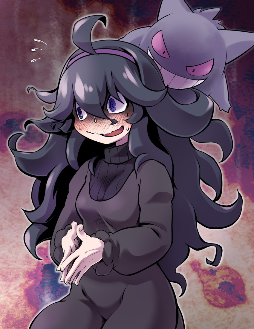 1girl @_@ ahoge bangs behind_another black_dress black_hair blush commentary_request dress embarrassed flying_sweatdrops gen_1_pokemon gengar ghost grin hair_ornament hairband hex_maniac_(pokemon) highres long_hair long_sleeves looking_at_another looking_to_the_side messy_hair nose_blush npc_trainer open_mouth own_hands_together pokemon pokemon_(creature) purple_eyes purple_hairband purple_sclera ribbed_sweater smile spiral_eyes sweat sweater takura_mahiro teeth wavy_mouth
