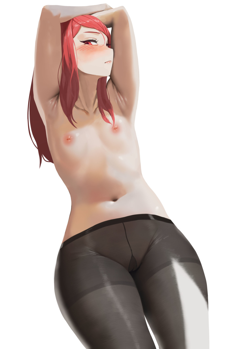 1girl absurdres areolae armpits arms_behind_head b-11_night_angel black_legwear breasts calligraphy_brush_(medium) cameltoe crotch_seam highres last_origin long_hair looking_at_viewer moonlit navel nude pantyhose red_eyes red_hair simple_background small_breasts solo thighband_pantyhose white_background wide_hips