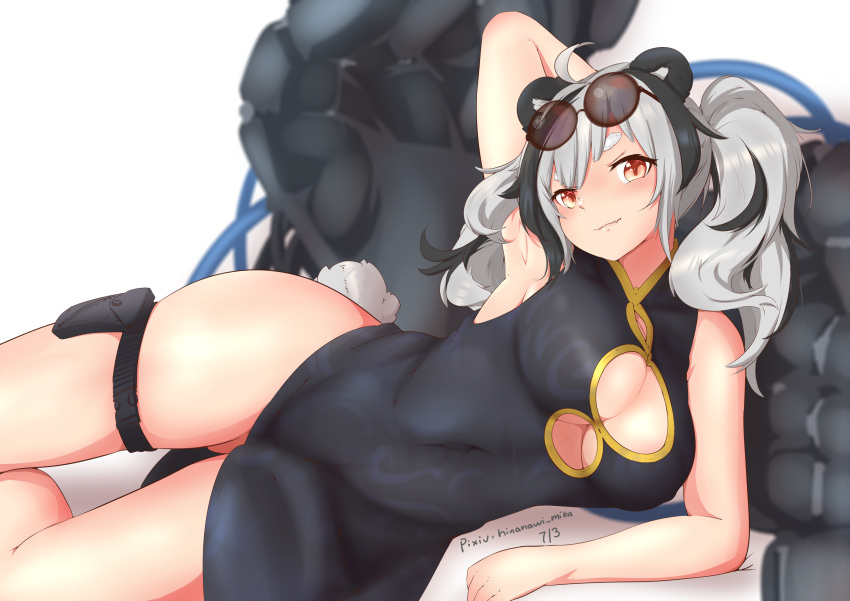 2020 absurd_res animal_humanoid arknights asian_clothing blush breasts clothing cute_fangs east_asian_clothing eyewear feater_(arknights) female glasses grey_hair hair hi_res hinanawi_mika humanoid looking_at_viewer mammal mammal_humanoid simple_background solo thick_thighs tight_clothing ursid ursid_humanoid white_background