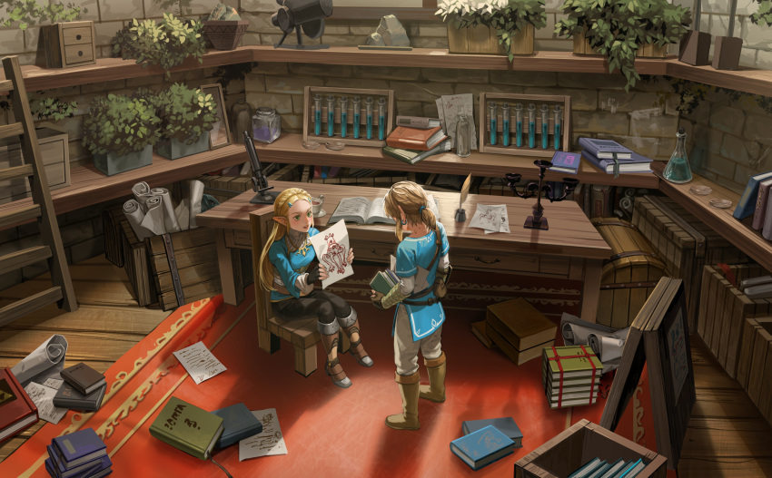 1boy 1girl absurdres black_legwear blonde_hair blue_shirt blue_tunic book boots box braid brick_wall candelabra chest crate crown_braid drawing flask from_above furniture green_eyes highres inkwell jar ladder link long_hair microscope nuavic paper petri_dish plant pointy_ears potted_plant princess_zelda quill rug shirt sitting standing test_tube the_legend_of_zelda the_legend_of_zelda:_breath_of_the_wild