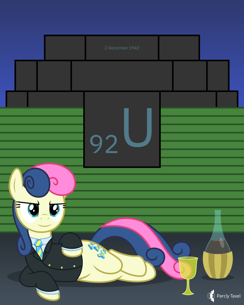 2020 4:5 absurd_res alcohol beverage black_clothing blue_eyes blue_hair bonbon_(mlp) bottle bottomless business_suit chicago_pile-1 clothed clothing cup earth_pony english_text equid equine female feral friendship_is_magic hair hasbro hi_res horse looking_at_viewer lying mammal multicolored_hair my_little_pony naughty_face necktie on_side parclytaxel pony shirt signature smile solo suit tan_body text topwear two_tone_hair uranium wine wine_bottle