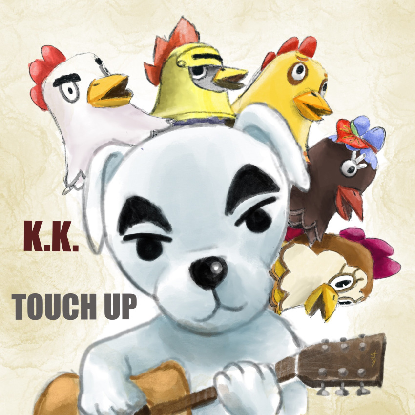 1:1 2020 :&lt; abstract_background album album_cover animal_crossing anthro armor ava_(animal_crossing) avian avian_caruncle beak bird black_eyebrows black_eyes black_nose brown_body brown_feathers canid canine canis chicken close-up comb_(anatomy) cover domestic_dog egbert_(animal_crossing) english_text eyebrows eyelashes feathers female floppy_ears fur galliform gallus_(genus) goose_(animal_crossing) grey_body grey_feathers group guitar head_crest headgear helmet hi_res jordanr_h k.k._slider k.k._slider_album_redraw knight knox_(animal_crossing) looking_at_viewer male mammal mother_mother multicolored_body multicolored_feathers musical_instrument nintendo nude open_mouth orange_beak phasianid plucked_string_instrument plucky_(animal_crossing) red_beak simple_background smile string_instrument tan_background tan_body tan_feathers text thick_eyebrows touch_up video_games warrior white_body white_ears white_feathers white_fur wide_eyed yellow_beak yellow_body yellow_feathers