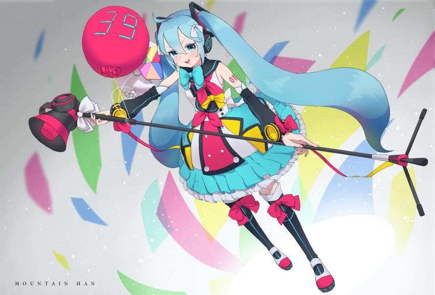 1girl :d artist_name balloon blue_bow blue_eyes blue_hair blue_skirt blush boots bow bubble_skirt detached_sleeves dutch_angle earphones hair_between_eyes hatsune_miku highres holding knee_boots long_hair looking_at_viewer magical_mirai_(vocaloid) megaphone mountain_han neckerchief open_mouth red_bow skirt smile solo tattoo twintails very_long_hair vocaloid yellow_bow