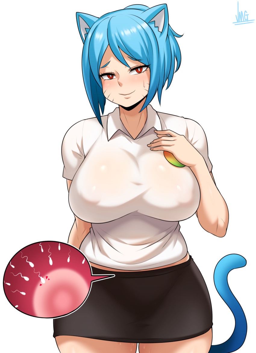 alternate_species animal_humanoid big_breasts blue_hair blush bottomwear breasts cartoon_network cat_humanoid clothed clothing felid felid_humanoid feline feline_humanoid female hair hi_res humanoid humanoidized impregnation internal jmg looking_at_viewer mammal mammal_humanoid nicole_watterson nipple_outline ovum simple_background skirt solo sperm_cell the_amazing_world_of_gumball