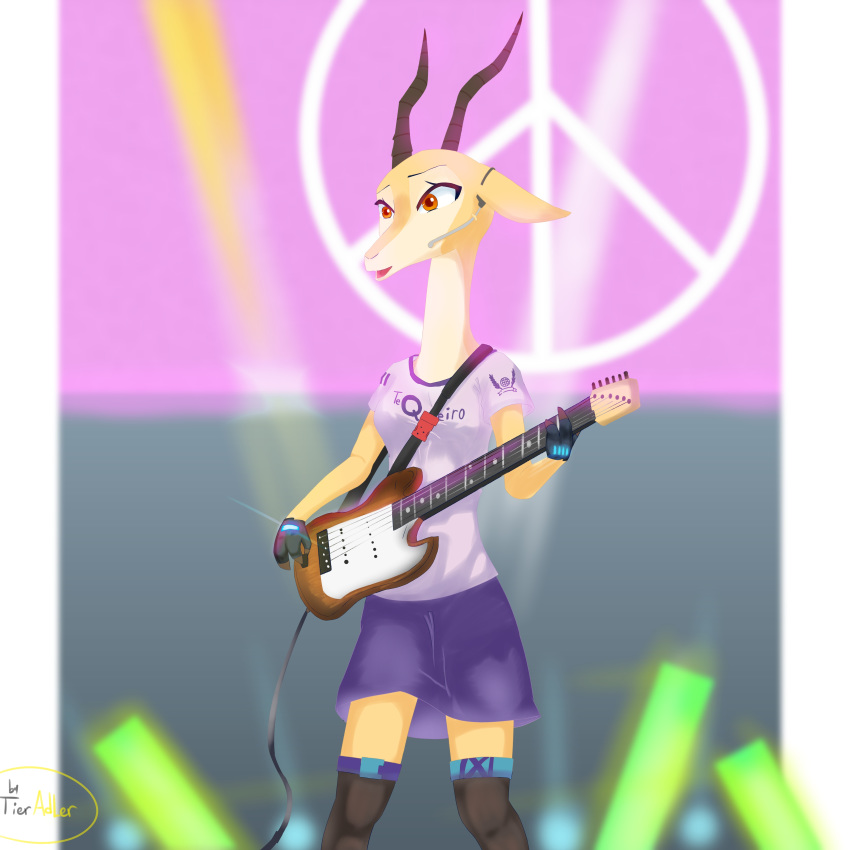 1:1 2020 absurd_res antelope anthro bottomwear bovid clothed clothing disney female fully_clothed fur gazelle gazelle_(zootopia) gloves guitar handwear headgear headphones headset hi_res holding_guitar horn mammal musical_instrument playing_guitar playing_music plucked_string_instrument shirt shorts solo string_instrument t-shirt tieradler topwear yellow_body yellow_fur zootopia