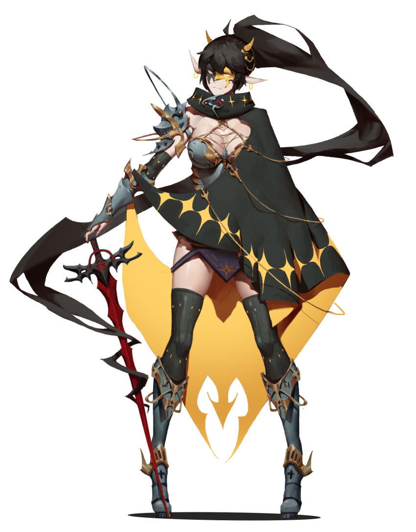 1girl absurdly_long_hair absurdres armor black_cape black_hair boobplate breastplate breasts cape closed_mouth earrings elbow_gloves eye_mask full_body gauntlets gloves highres jewelry large_breasts long_hair mask metal_boots original pointy_ears ponytail shoulder_armor simple_background solo spaulders thighhighs very_long_hair waterkuma white_background