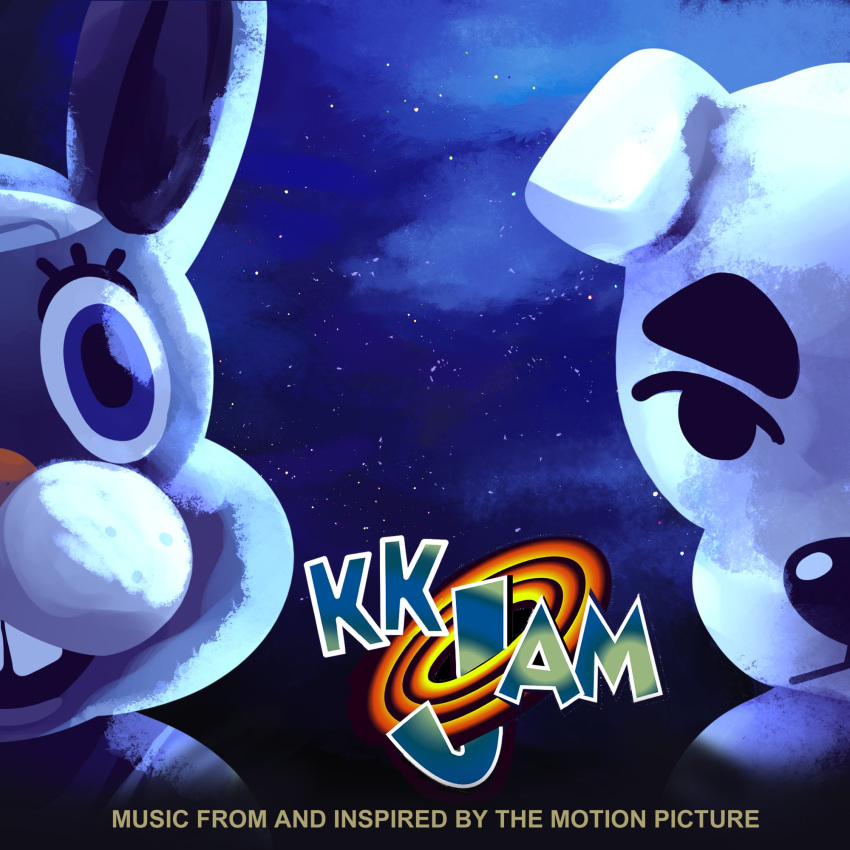 1:1 2020 album album_cover animal_crossing anthro black_eyebrows black_eyes black_nose blue_eyes buckteeth canid canine canis close-up cloud cover domestic_dog duo english_text eyebrows eyelashes floppy_ears fur hi_res k.k._slider k.k._slider_album_redraw lagomorph leporid long_ears looking_at_viewer male mammal night nintendo open_mouth quad_city_dj's rabbit red_nose smile space_jam star teeth text thick_eyebrows video_games warner_brothers white_body white_ears white_fur wide_eyed yodelinyote zipper_t._bunny