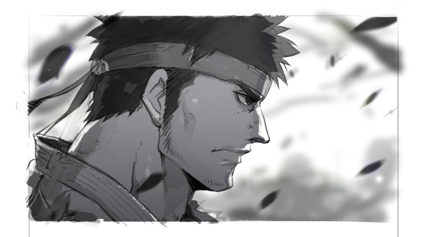 1boy black_hair close-up facial_hair greyscale headband male_focus monochrome muscle nikism ryuu_(street_fighter) solo street_fighter street_fighter_ii_(series) stubble