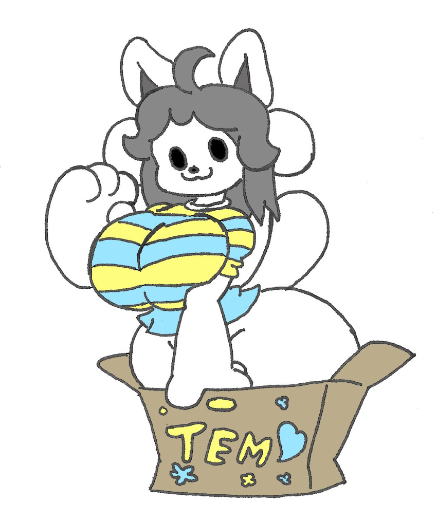 breast_squish breasts clothed clothing female hair hi_res mammal pattern_clothing simple_background squish striped_clothing stripes tem temmie_(undertale) undertale video_games white_body