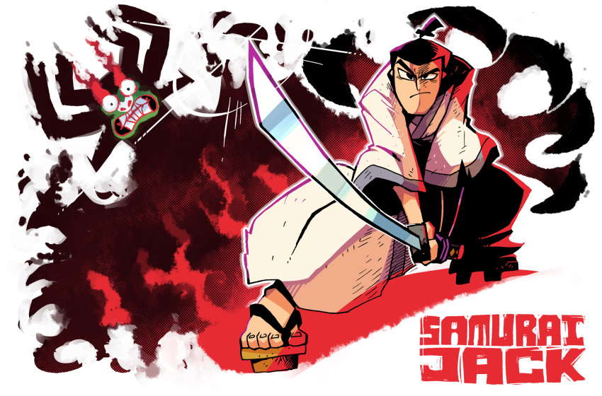 1boy aku black_eyes black_hair closed_mouth copyright_name fighting_stance geta glint highres holding holding_sword holding_weapon katana looking_at_viewer ponytail rariatto_(ganguri) samurai_jack samurai_jack_(character) sword toenails two-handed weapon wide_sleeves