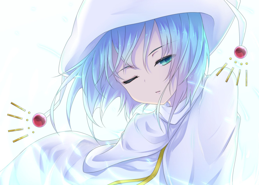 1girl aqua_eyes bangs blue_hair capelet dress eyebrows_visible_through_hair hair_between_eyes half-closed_eyes hat hecate highres one_eye_closed parted_lips shakugan_no_shana shiny shiny_hair short_hair solo th-asary800 upper_body white_capelet white_dress white_headwear