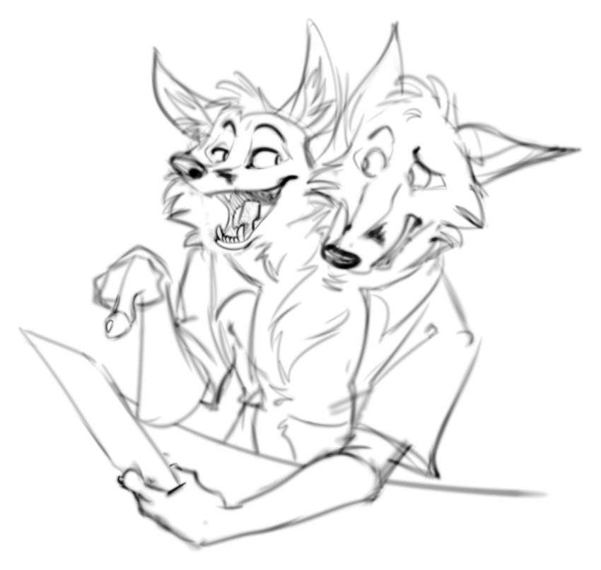 anthro canid canine clothing conjoined duo fox gesture kobi_lacroix male male/male mammal menu monochrome multi_head pointing shirt simple_background sitting topwear