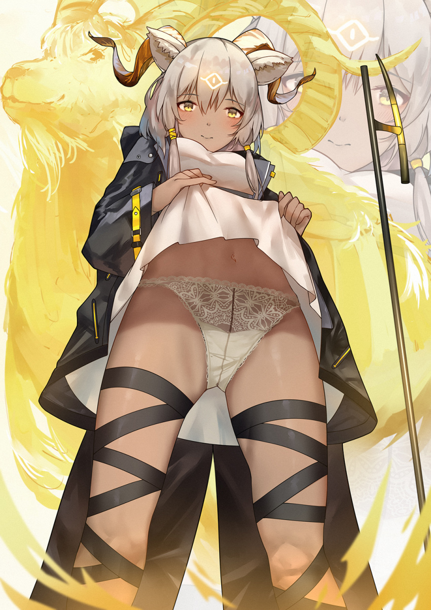 1girl 3: animal_ears arknights beeswax_(arknights) black_jacket black_ribbon breasts curled_horns dark_skin dress dress_lift from_below goat goat_ears goat_horns grey_hair highres horns jacket leg_ribbon long_hair looking_at_viewer medium_breasts navel open_clothes open_jacket panties ribbon solo standing thighs underwear white_dress white_panties yellow_eyes yuuki_mix zoom_layer