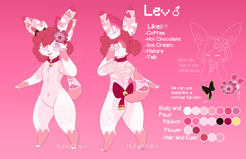 absurd_res accessory anthro blush collar eeveelution english_text flower flower_in_hair flustered fur hair hair_accessory hi_res humanoid lev_(rubonku) male model_sheet navel nintendo plant pok&eacute;mon pok&eacute;mon_(species) ribbons rubonku simple_background solo sylveon text video_games