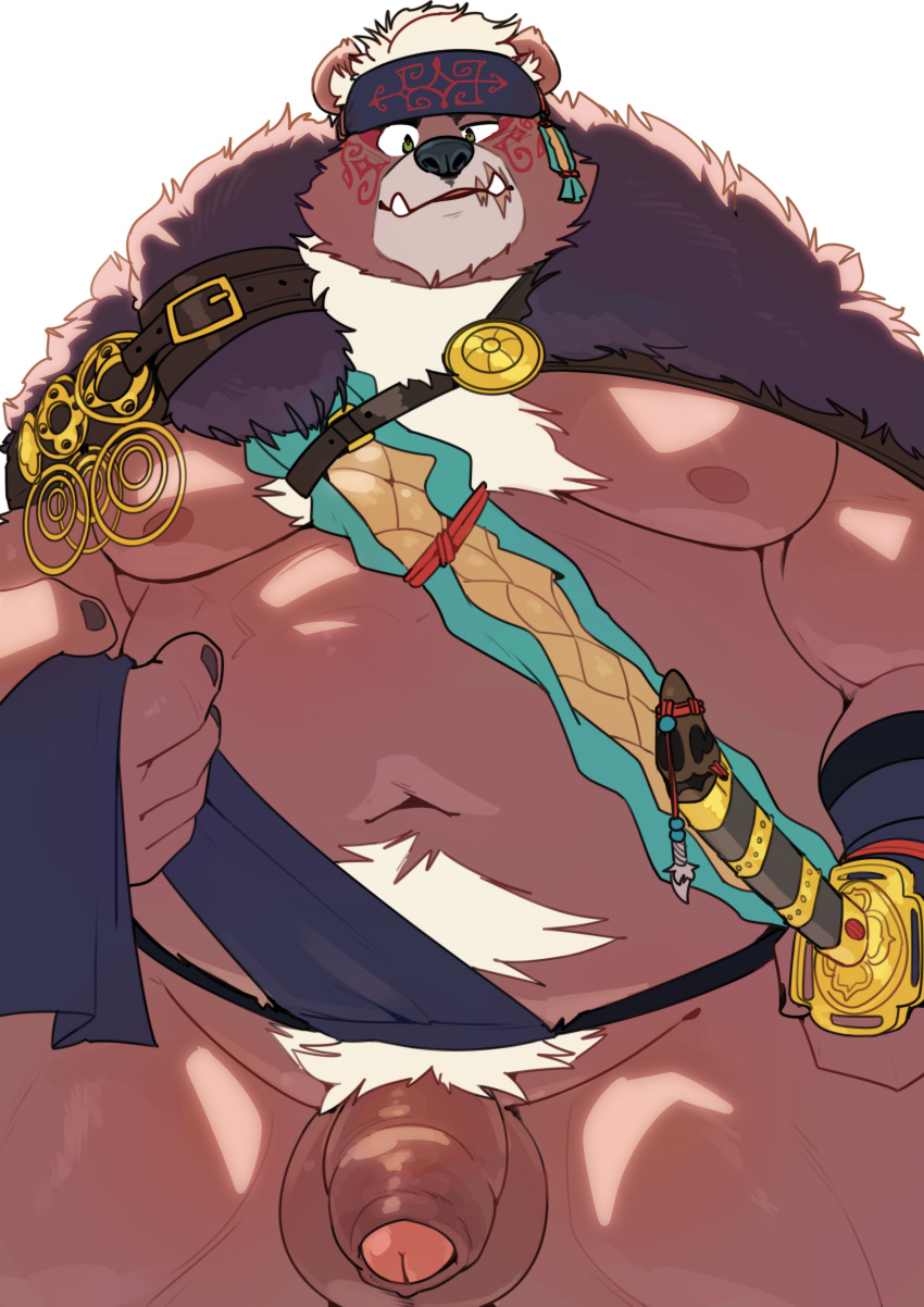 2020 absurd_res anthro balls belly flaccid genitals hi_res kemono kimun_kamui_(tas) male mammal moobs navel nipples overweight overweight_anthro overweight_male penis quanjiang scar simple_background solo tokyo_afterschool_summoners ursid video_games white_background