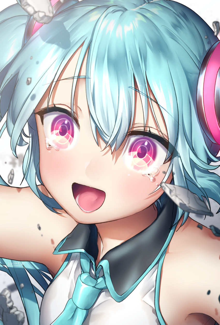 1girl bangs blue_hair close-up crying crying_with_eyes_open eyebrows_visible_through_hair hair_between_eyes hatsune_miku highres kirisaki_(miku-azu-2525) necktie open_mouth pink_eyes solo tears twintails vocaloid