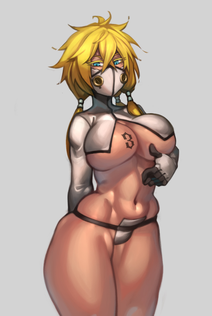 1girl aqua_eyes arrancar bleach blonde_hair breast_tattoo breasts c-string covered_mouth crop_top espada highres kelvin_hiu large_breasts legs_together long_hair looking_at_viewer mask mouth_mask navel revealing_clothes shrug_(clothing) solo standing tattoo thick_thighs thighs tier_harribel tri_tails underboob