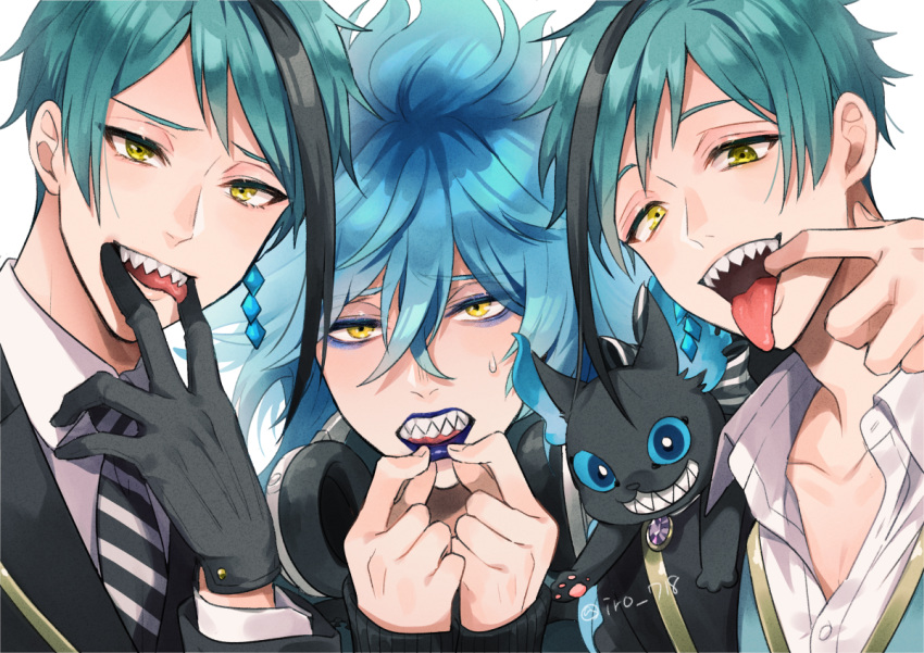 3boys bangs black_jacket blue_hair blue_lips brothers cat collared_shirt earrings finger_in_mouth floyd_leech gloves green_hair grim_(twisted_wonderland) hair_between_eyes heterochromia idia_shroud jacket jade_leech jewelry long_hair long_sleeves looking_at_viewer male_focus multicolored_hair multiple_boys open_mouth sharp_teeth shirt short_hair siblings smile streaked_hair teeth tongue tongue_out twisted_wonderland tyyni upper_body white_background yellow_eyes