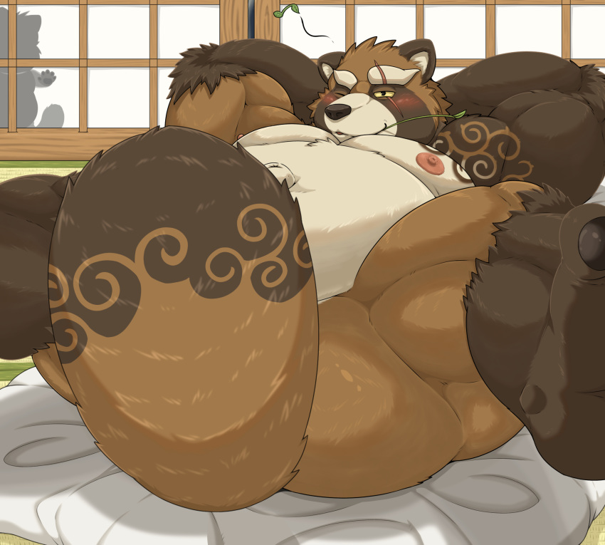 2020 anthro belly blush brown_body brown_fur canid canine fur gapao gyobu gyobu's_underlings hi_res inside kemono lying male mammal moobs nipples overweight overweight_male raccoon_dog scar solo_focus tanuki tokyo_afterschool_summoners video_games