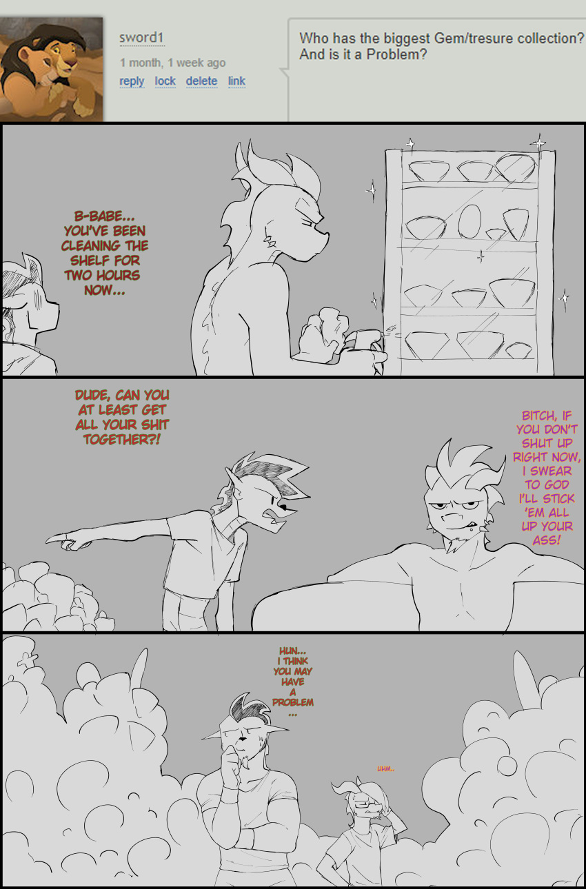 absurd_res activision american_dragon:_jake_long annoyed anthro anthro_on_anthro ask_blog beard cleaning clothed clothing comic crop_top dialogue disney dot_eyes dragon english_text facial_hair gem gesture goatee grey_background hand_on_face hi_res hoard intraspecies jake_long larger_male male male/male narrowed_eyes pointing profanity raccoon_douglas_(artist) scalie shirt simple_background sitting size_difference sketch smaller_male sparkles speech_bubble spyro spyro_the_dragon squint standing t-shirt text tight_clothing topless topwear video_games western_dragon wingless_dragon