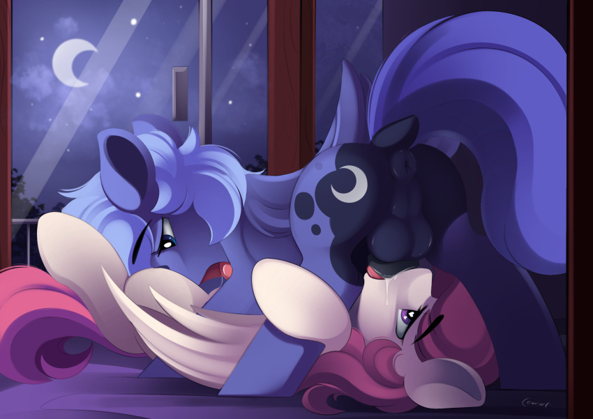 69_position anus balls bedroom bodily_fluids conrie cum cunnilingus equid female friendship_is_magic genital_fluids genitals hi_res horn incest_(lore) intersex licking lying mammal my_little_pony night oral penis presenting princess_celestia_(mlp) princess_luna_(mlp) sex sibling sister sisters tongue tongue_out vaginal winged_unicorn wings