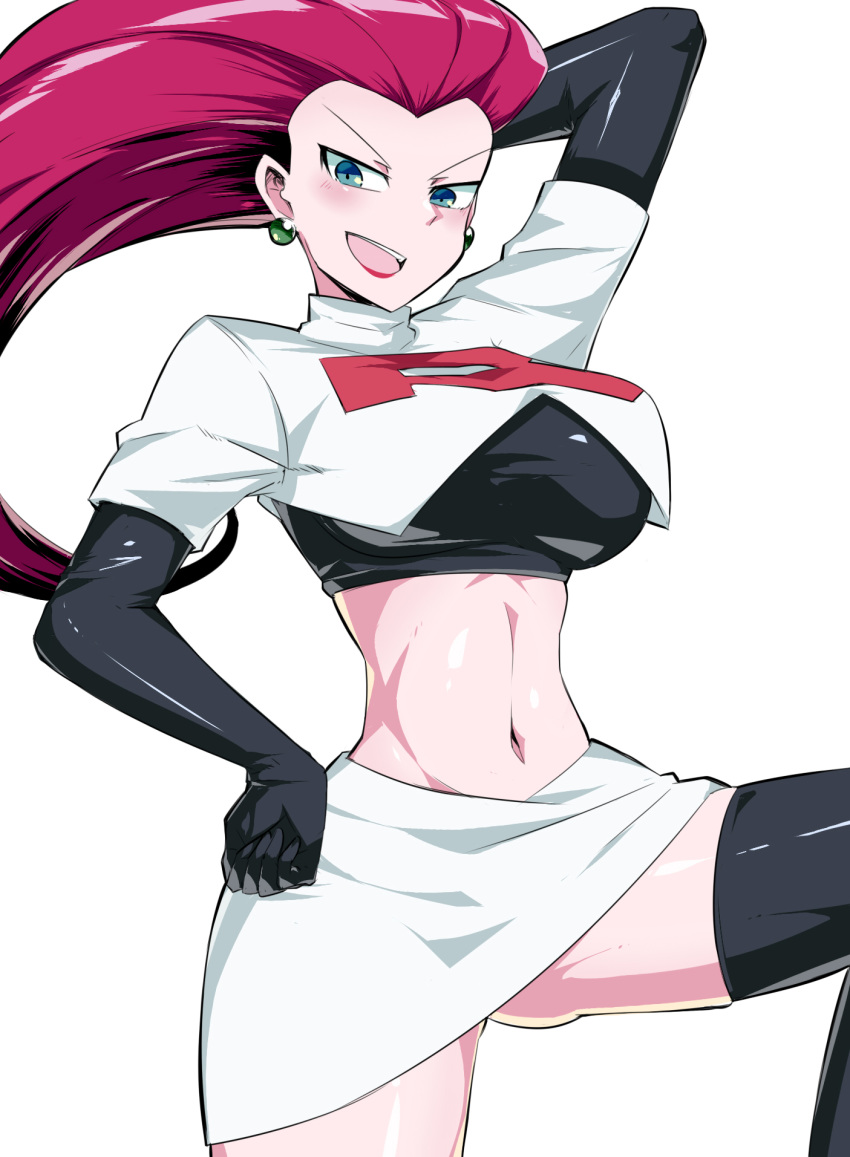 1girl :d arm_up black_footwear black_gloves blue_eyes blush boots breasts commentary crop_top earrings elbow_gloves gloves green_earrings hand_on_hip highres jewelry lipstick makeup musashi_(pokemon) navel open_mouth pokemon pokemon_(anime) red_lips shimure_(460) shiny shiny_skin short_sleeves simple_background skirt smile solo spread_legs teeth thigh_boots thighhighs tongue turtleneck v-shaped_eyebrows white_background white_skirt
