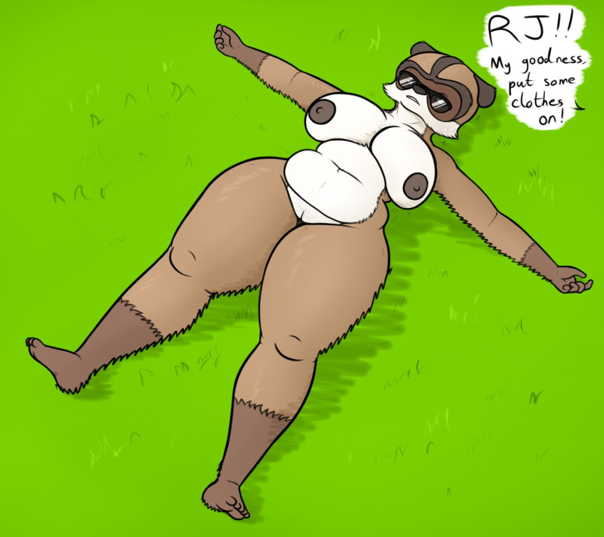 anthro anthrofied big_breasts breasts brown_body brown_fur chubby_female crossgender dreamworks eyewear female fur genitals grass mammal nipples nude open_mouth over_the_hedge oystercatcher7 procyonid pussy raccoon rj_(over_the_hedge) slightly_chubby solo speech_bubble sunglasses text thick_thighs wide_hips