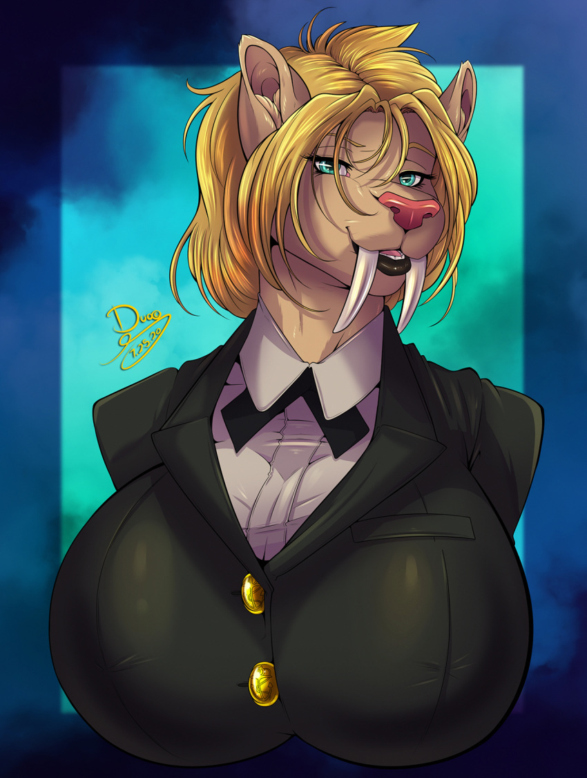 anthro big_breasts blonde_hair breasts clothed clothing duo_(artist) felid female hair hi_res huge_breasts looking_at_viewer machairodontine mammal solo suit