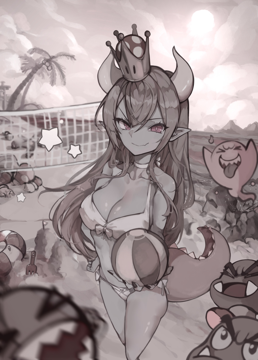 absurdres ball beach beach_volleyball bikini blonde_hair boo bowsette chain_chomp dokuro_deluxe goomba highres horns mario mario_(series) monochrome new_super_mario_bros._u_deluxe pointy_ears super_crown swimsuit tail