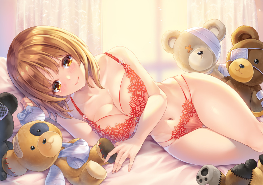 bed blush bra breast_hold breasts brown_hair cleavage girls_und_panzer makirin navel nishizumi_miho panties short_hair teddy_bear underwear yellow_eyes