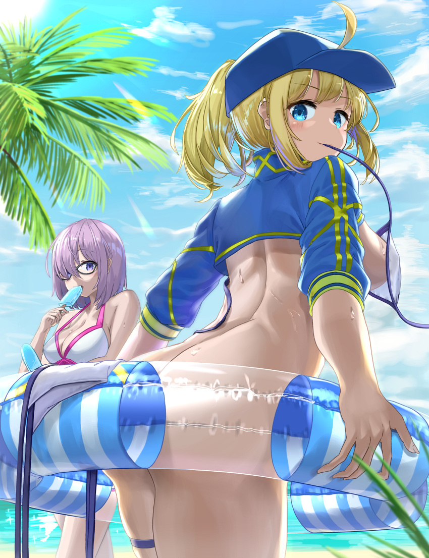 2girls artoria_pendragon_(all) ass beach bikini blonde_hair blue_eyes blue_sky breasts butt_crack cloud fate/grand_order fate_(series) food hair_over_one_eye highres innertube large_breasts looking_at_viewer mash_kyrielight mouth_hold multiple_girls mysterious_heroine_xx_(foreigner) noeru palm_tree ponytail popsicle short_hair shrug_(clothing) sideboob sky strap_gap swimsuit swimsuit_of_perpetual_summer thighs tree untied untied_bikini