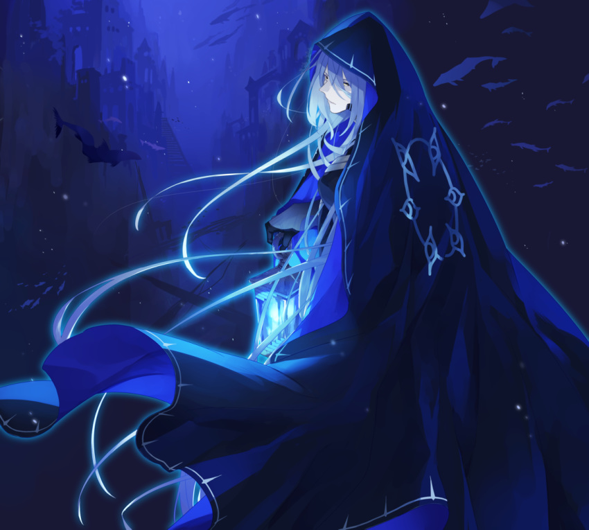 blue_background blue_cloak cloak crise fish lantern novem_(pixiv_fantasia_age_of_starlight) pale_skin pixiv_fantasia pixiv_fantasia_age_of_starlight school_of_fish solo underwater