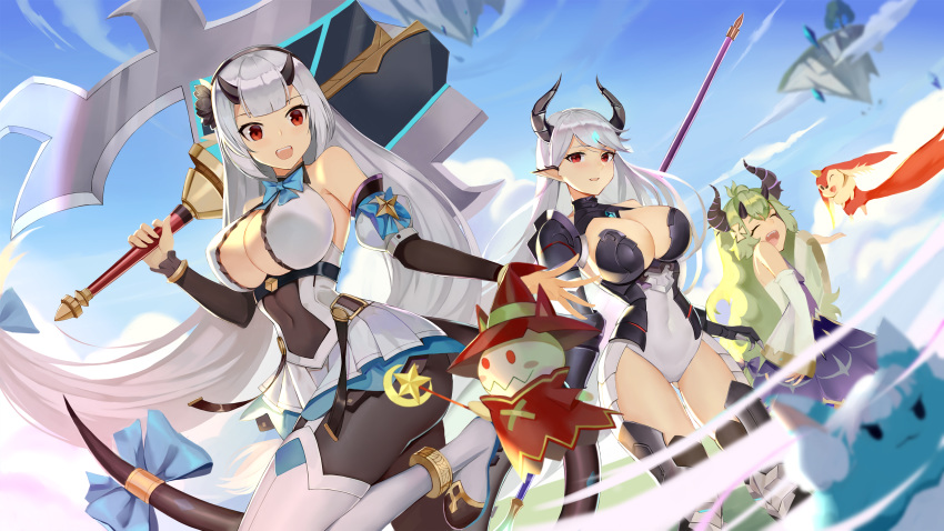 3girls :d ^_^ absurdres alencia_(epic7) anklet arkasus armor armored_boots armored_leotard ass ass_visible_through_thighs aunt_and_niece bangs bare_shoulders black_hairband black_horns black_legwear black_sleeves blue_bow blue_sky blunt_bangs blurry_foreground boots bow bowtie bracelet breasts carrying_over_shoulder center_opening cleavage closed_eyes cloud commentary covered_navel cowboy_shot creature cross_hair_ornament crystal day detached_sleeves dragon_girl dragon_horns dragon_tail dress epic7 eyebrows_behind_hair eyebrows_visible_through_hair floating floating_island forehead_jewel garter_straps green_hair hair_between_eyes hair_ornament hairband highres holding holding_spear holding_weapon horns jewelry kamikakushi_no_ocarino large_breasts leotard long_hair looking_at_another looking_at_viewer low-tied_long_hair luna_(epic7) multiple_girls open_mouth outdoors pantyhose pointy_ears polearm purple_dress red_eyes shoulder_armor siblings sidelocks silver_dress sisters sky sleeveless sleeveless_dress smile spear standing standing_on_one_leg tail tail_bow tail_bracelet thigh_boots thighhighs underbust upper_teeth very_long_hair weapon white_footwear white_hair white_leotard white_sleeves wide_sleeves wind yufine_(epic7) |d