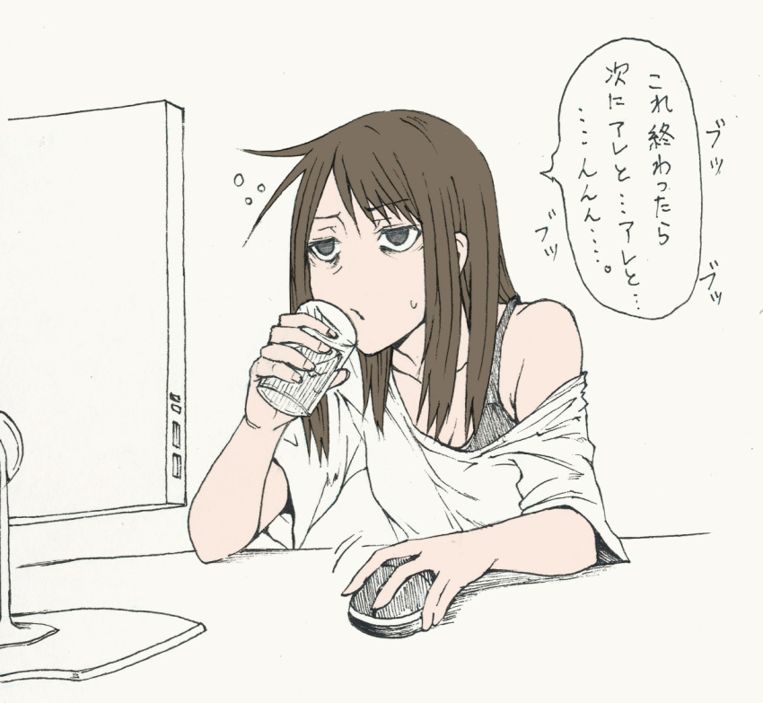 1girl bare_shoulders black_eyes breasts brown_hair cleavage collarbone cup eyebrows_visible_through_hair fingernails half-closed_eyes hatching_(texture) holding holding_cup hunched_over long_hair monitor mouse_(computer) original partially_colored shobu_minaka sleepy solo speech_bubble sweat traditional_media
