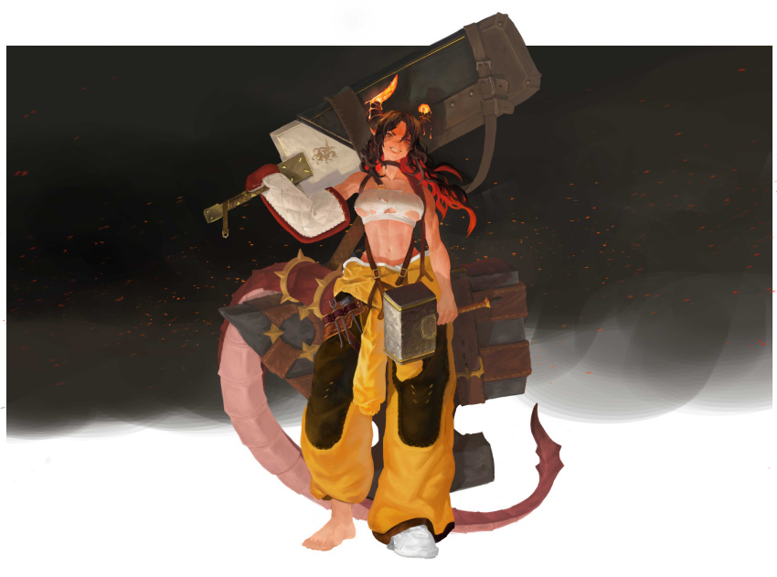 1girl abs absurdres anvil arkimedes bare_shoulders barefoot black_choker black_hair blacksmith broken broken_horn choker dragon_girl dragon_horns dragon_tail dual_wielding embers facial_mark greatsword hammer highres holding holding_hammer holding_sword holding_weapon horns huge_weapon long_hair molten_rock multicolored multicolored_hair muscle muscular_female navel original over_shoulder pointy_ears red_hair slit_pupils smile solo sweat sword sword_over_shoulder tail teeth toenails tools torn_clothes weapon weapon_over_shoulder