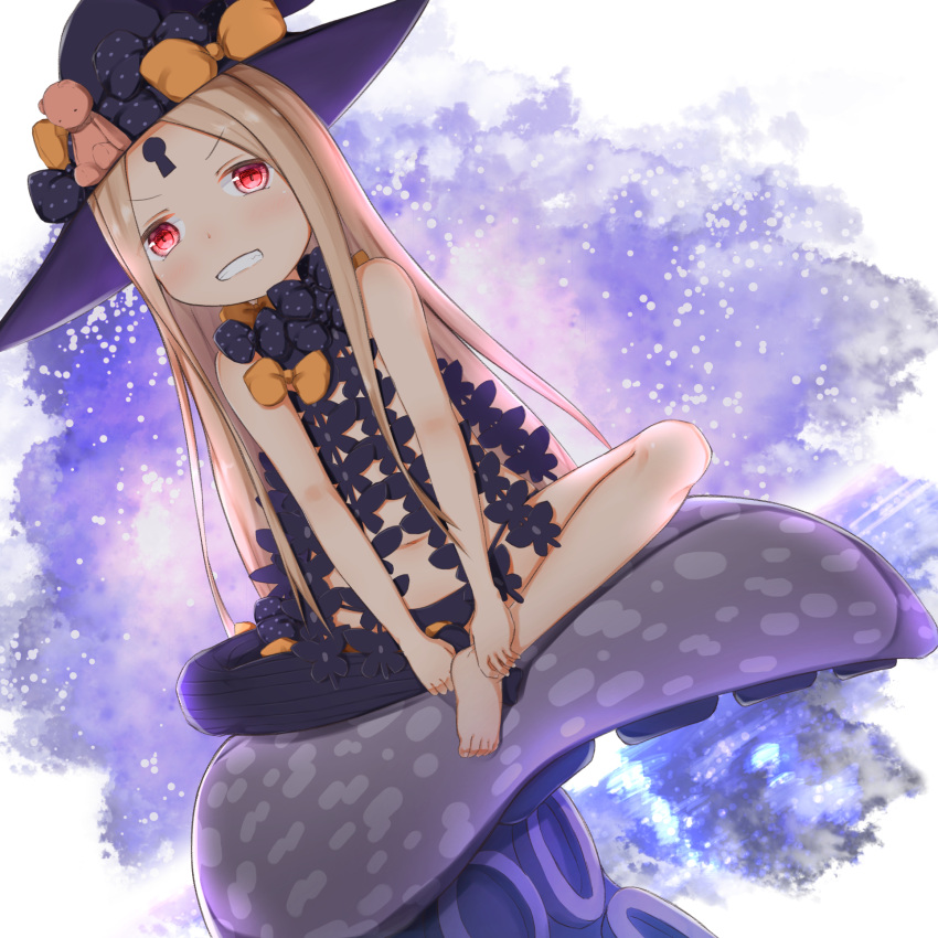 1girl abigail_williams_(fate/grand_order) bangs bare_legs barefoot black_bow black_headwear black_legwear black_panties blonde_hair bow commentary_request dutch_angle eyebrows_visible_through_hair fate/grand_order fate_(series) grin hat hat_bow highres long_hair looking_at_viewer navel no_shoes orange_bow panties parted_bangs polka_dot polka_dot_bow revealing_clothes single_thighhigh sitting smile solo stuffed_animal stuffed_toy su_guryu suction_cups teddy_bear tentacles thighhighs topless underwear v-shaped_eyebrows very_long_hair witch_hat