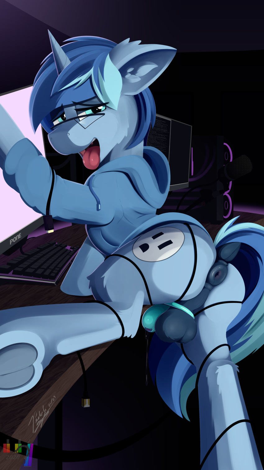 absurd_res anus balls blue_body blue_fur blue_mane blue_tail butt cable chastity_cage chastity_device clothing computer conicaw cutie_mark dock equid equine eyewear feral fur furniture genitals glasses half-closed_eyes hasbro hi_res hoodie horn inner_ear_fluff inside keyboard leaking_precum looking_at_viewer looking_back male mammal mane microphone monitor my_little_pony narrowed_eyes open_mouth pedalspony_(artist) penis presenting presenting_hindquarters solo table tongue tongue_out topwear tuft unicorn
