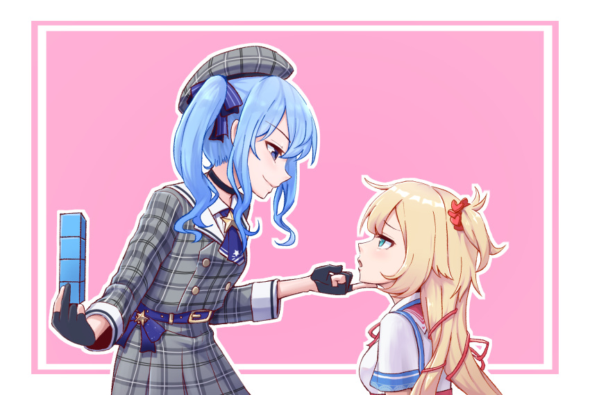 2girls akai_haato bangs belt belt_buckle black_choker black_gloves blonde_hair blue_belt blue_bow blue_eyes blue_hair blue_neckwear border bow bowtie breasts buckle checkered checkered_dress checkered_headwear choker closed_mouth commentary dress eye_contact eyebrows_visible_through_hair finger_to_another's_chin fingerless_gloves gloves grey_dress grey_headwear hair_bow hair_ornament hair_ribbon hat heart heart_hair_ornament highres holding hololive hoshimachi_suisei long_hair long_sleeves looking_at_another medium_breasts medium_hair mimyung00 multiple_girls neck_ribbon neckerchief neckwear open_mouth outline outside_border pink_background red_neckwear red_ribbon ribbon sailor_collar sailor_dress sailor_shirt school_uniform serafuku shirt short_sleeves side_ponytail sidelocks sleeves_past_elbows smile star_(symbol) tetris tied_hair upper_body virtual_youtuber white_border white_outline white_shirt