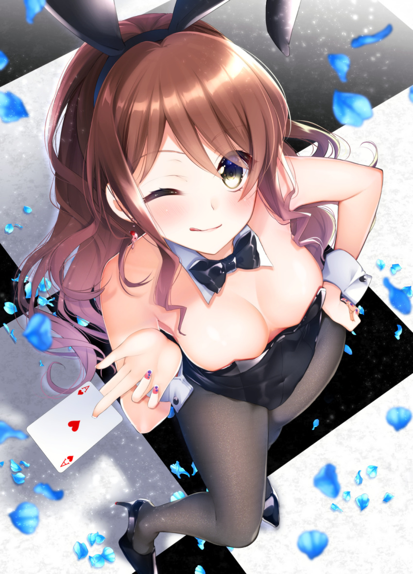 :q animal_ears bang_dream! between_fingers black_legwear black_neckwear bow breasts brown_hair bunny_ears bunny_girl bunnysuit card cleavage cuffs detached_collar downblouse earrings eyebrows_visible_through_hair eyes_visible_through_hair from_above green_eyes hand_on_hip high_heels highres imai_lisa jewelry long_hair looking_down medium_breasts nail_polish one_eye_closed pantyhose perspective petals playing_card roselia_(bang_dream!) shiny shiny_hair sidelocks tile_floor tiles tongue tongue_out tsurugi_hikaru wrist_cuffs