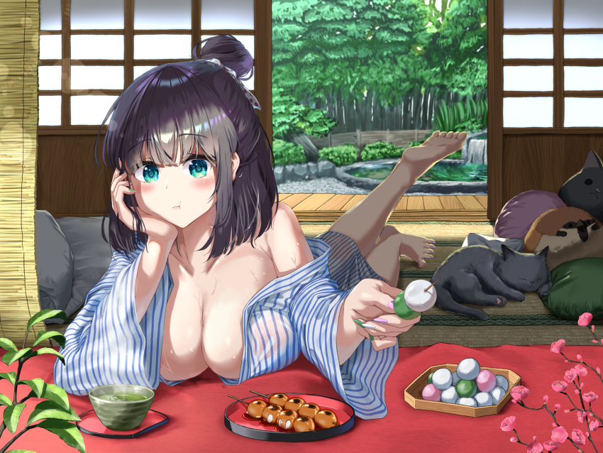 1girl :t animal_ears arm_support bamboo bamboo_forest blush breasts brown_hair cat_ears cleavage dango food food_request forest green_eyes hair_bun highres japanese_clothes kimono large_breasts lying nature noeru off_shoulder on_stomach original rock_garden see-through tatami the_pose wagashi wet wet_clothes wide_sleeves yukata