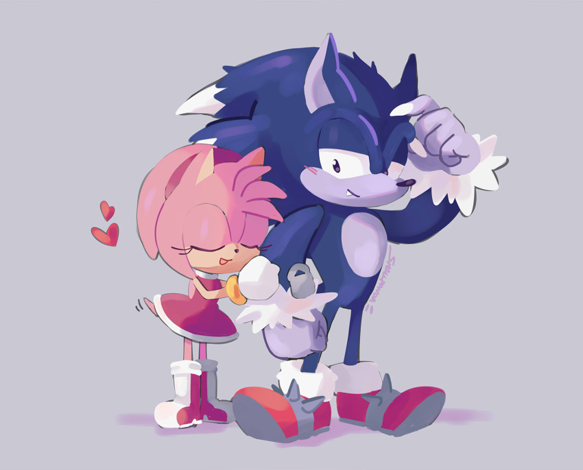 &lt;3 2020 amy_rose anthro arm_grab biped blue_body blue_fur blush boots claws clothing dress duo eulipotyphlan eyes_closed female fist footwear fur gloves grey_background handwear happy hedgehog hi_res hug letterbox looking_at_another male male/female mammal open_mouth open_smile pink_body pink_fur red_clothing red_dress shoes simple_background smallpanda smile sonic_the_hedgehog_(series) sonic_the_werehog sonic_unleashed standing tailwag were wereeulipotyphlan werehog white_body white_fur