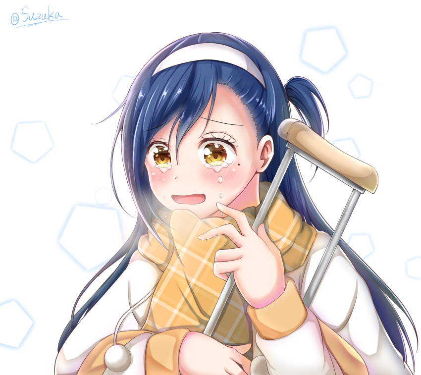 1girl artist_name blue_hair blush bokutachi_wa_benkyou_ga_dekinai brown_eyes coat crutch crying crying_with_eyes_open furuhashi_fumino hairband highres holding_crutch long_hair long_sleeves looking_at_viewer mole mole_under_eye scarf solo suzuka_(user_vmxw2538) tears unmoving_pattern upper_body white_background white_coat white_hairband yellow_scarf