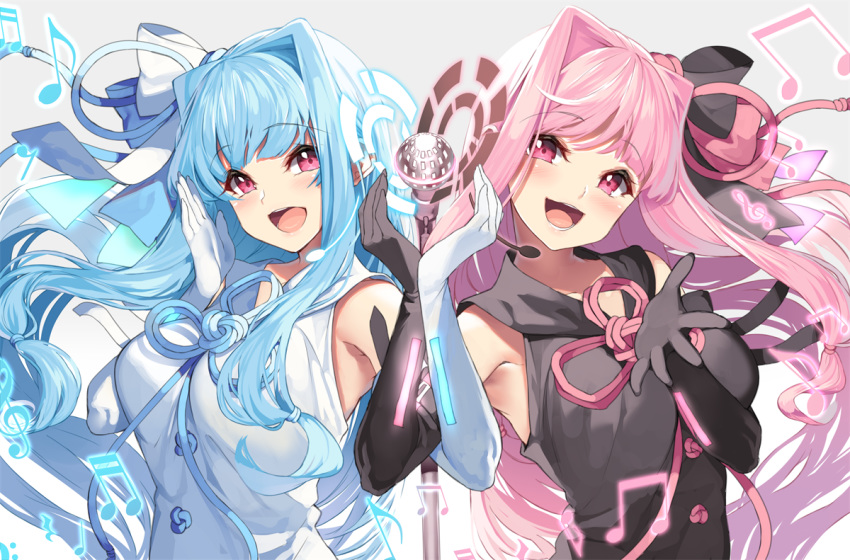 2girls :d beamed_eighth_notes beamed_sixteenth_notes black_bow black_dress black_gloves blue_hair blue_ribbon blush bow breasts commentary dress eighth_note elbow_gloves gloves grey_background hair_bow hair_ribbon hands_up kotonoha_akane kotonoha_aoi medium_breasts microphone microphone_stand multiple_girls musical_note open_mouth pink_hair pink_ribbon purple_eyes quarter_note ribbon siblings sisters sleeveless sleeveless_dress smile synthesizer_v treble_clef twins upper_body voiceroid white_bow white_dress white_gloves yappen