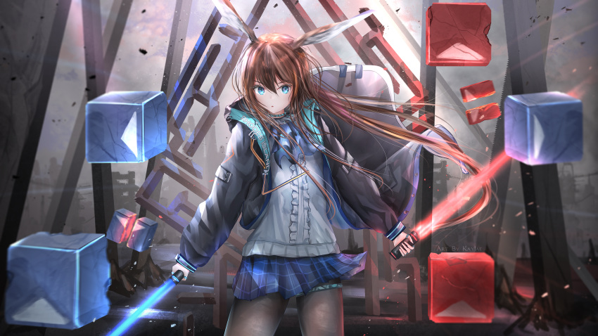 1girl amiya_(arknights) animal_ears arknights bangs beat_saber black_jacket blue_eyes brown_hair bunny_ears dual_wielding energy_sword eyebrows_visible_through_hair floating_hair hair_between_eyes highres holding jacket jewelry kayjae lightsaber long_hair long_sleeves looking_at_viewer open_clothes open_jacket pantyhose ponytail ring shirt sidelocks skirt solo sword weapon