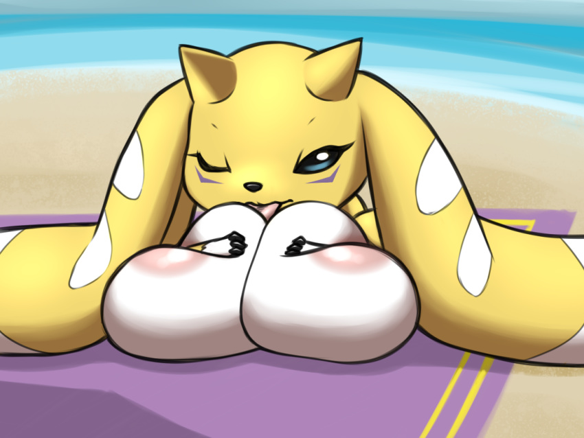 4:3 anthro areola beach beach_blanket big_breasts blue_eyes breast_grab breast_lick breast_squish breasts chibi detailed_background digimon digimon_(species) female fenekmon fur furball hand_on_breast huge_breasts hybrid hyper hyper_breasts licking long_ears nipples nude nude_beach renamon sand sea seaside semi-anthro short_stack solo squish terriermon tongue tongue_out water yellow_body yellow_fur