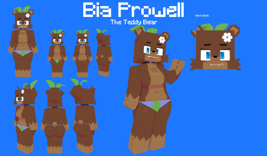 2020 absurd_res animate_inanimate anthro bia_(slipperyt) big_butt blue_background blue_clothing blue_eyes blue_panties blue_underwear breasts brown_body brown_fur butt cheek_tuft clothed clothing english_text facial_tuft featureless_breasts featureless_crotch female flower flower_on_head front_view fur hi_res leaf leaf_clothing leaf_on_head living_plushie mammal minecraft model_sheet notched_ear panties plant plushie rear_view simple_background slipperyt smile solo teddy_bear_(species) text thick_thighs topless tuft underwear ursid video_games zipper zipper_mouth